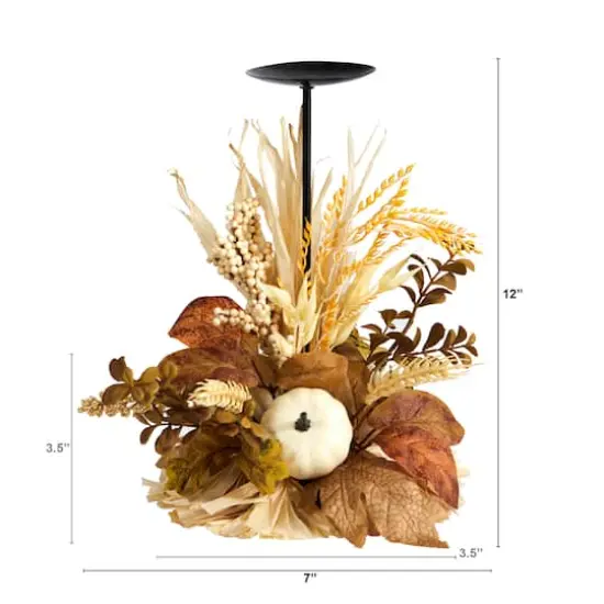 12" Autumn Harvest and Pumpkin Candle Holder Arrangement {3}