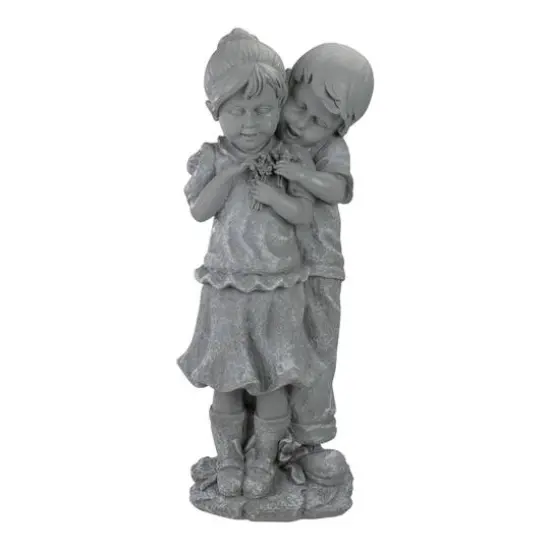 19.5" Gray Boy Hugging Girl Outdoor Garden Statue {1}