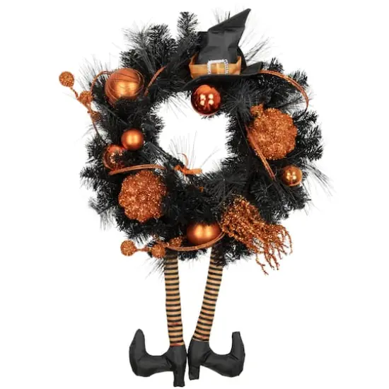 24'' Unlit Orange and Black Witch and Pumpkins Halloween Wreath {1}