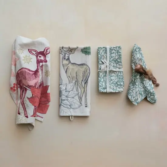 Hello Honey&reg; Multicolor Cotton & Linen Printed Tea Towel with Flora/Fauna Pattern & Loop Set {3}