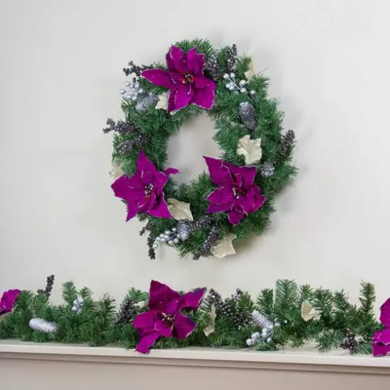 24" Two-Tone Pine with Purple Poinsettias & Berries Wreath {6}