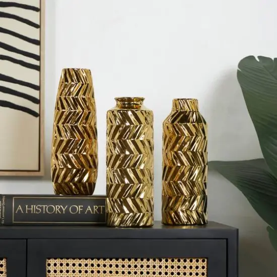 Gold Ceramic Dimensional Chevron Textured Vase with Varying Shapes Set {6}