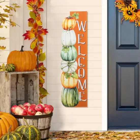 Glitzhome&reg; 42" Lighted Fall Wood Stacked Pumpkins Welcome Porch Sign with Timer {3}
