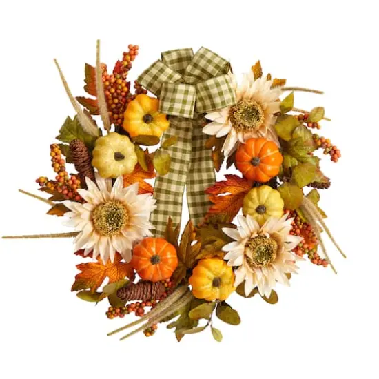 24" Pumpkin, Sunflower Artificial Autumn Wreath With Decorative Ribbon {1}