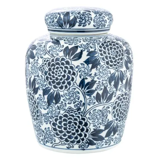 Hello Honey&reg; 8" Blue & White Decorative Chrysanthemum Ceramic Ginger Jar with Lid {7}