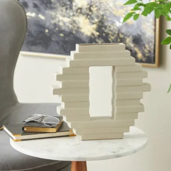 13" Cream Ceramic Abstract Decorative Vase with Rectangular Center Cutout {9}