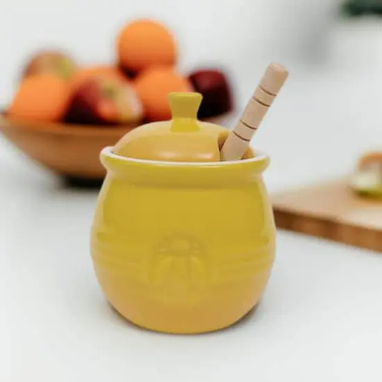 Hello Honey&reg; 4.3" Yellow Ceramic Honey Pot & Wood Dipper {3}