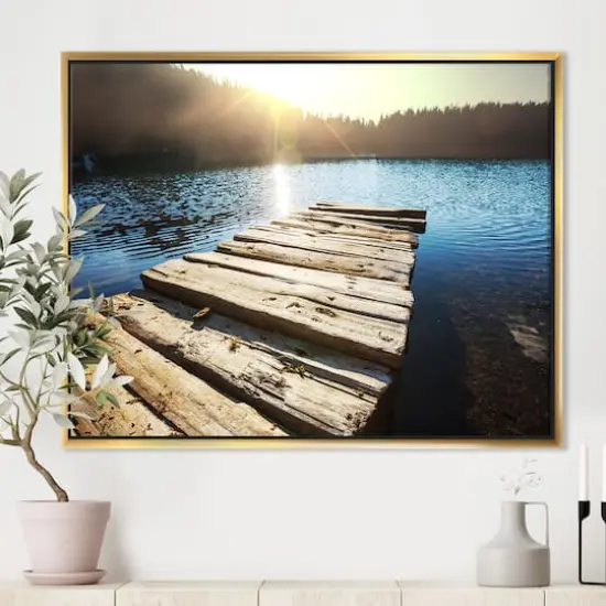 Designart - Large Wooden Pier into the Lake - Seashore Framed Canvas Art Print Gold {4}