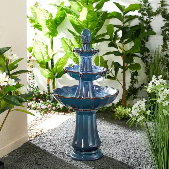 Glitzhome&reg; 45" 3-Tier LED Turquoise Pedestal Lotus Ceramic Outdoor Floor Fountain {3}
