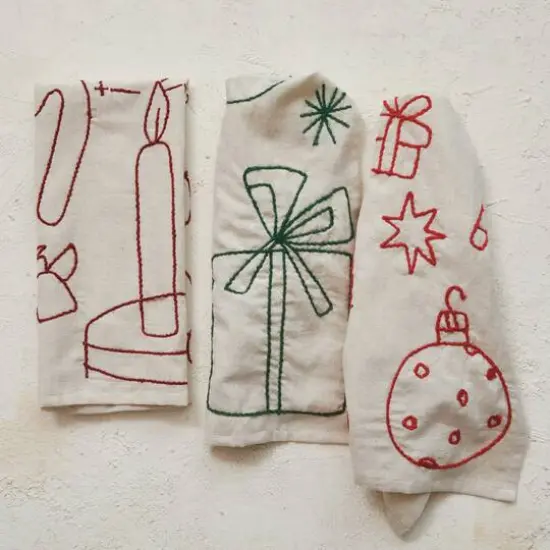 Hello Honey&reg; Embroidered Holiday Icon Woven Cotton & Linen Tea Towel Set {3}