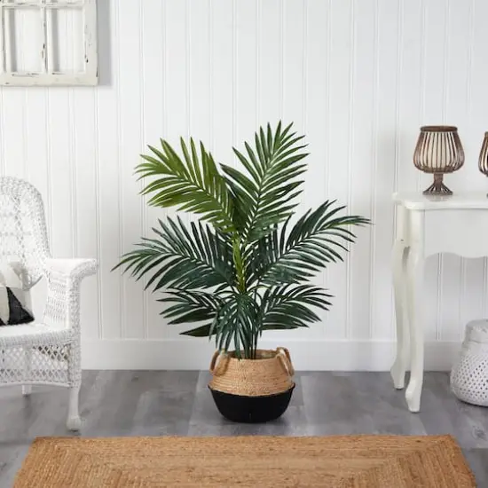 4ft. Kentia Palm Artificial Tree in Boho Chic Handmade Cotton & Jute Black Woven Planter {4}