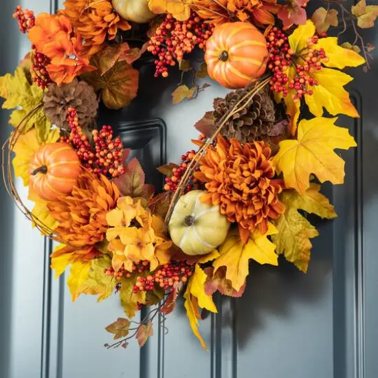 Glitzhome&reg; 24" Fall Dahlia, Pumpkin, Leaf & Berry Wreath {13}