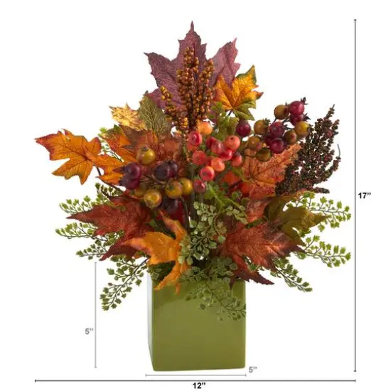 17in. Maple Leaf, Berries, Maiden Hair Arrangement in Green Vase {3}