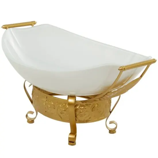 CosmoLiving by Cosmopolitan 24" White Glass Kitchen Serving Bowl with Gold Metal Scroll Stand {5}