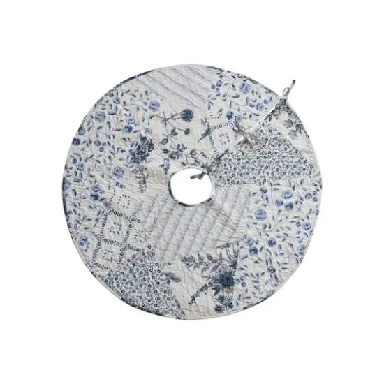 Hello Honey&reg; 48" White & Blue Round Quilted Cotton Patchwork Floral Tree Skirt {5}