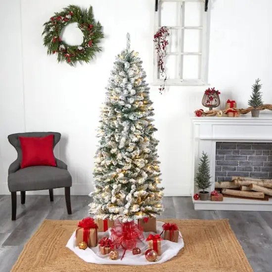 6ft. Pre-Lit Slim Flocked Montreal Fir Artificial Christmas Tree {8}