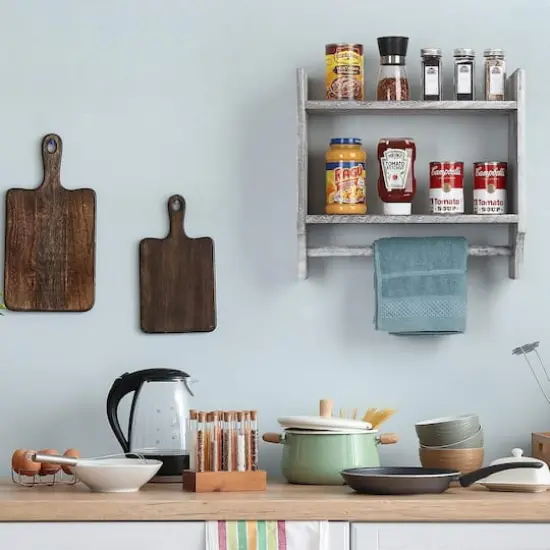 2-Tier Wood Wall Mounted Bathroom Shelf with Towel Rack Rustic Gray {6}