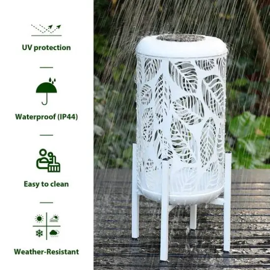 Glitzhome&reg; 14.25" White Metal Cutout Leaves Pattern Solar Powered LED Outdoor Lanterns, 2ct. {7}