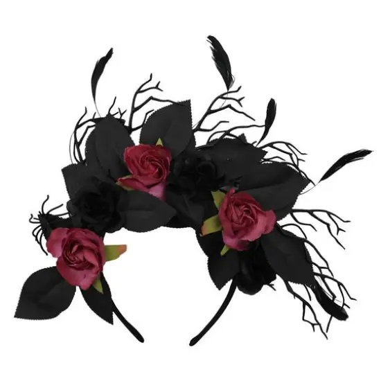 Black & Dark Red Rose & Feather Headband by Celebrate It&trade; {1}