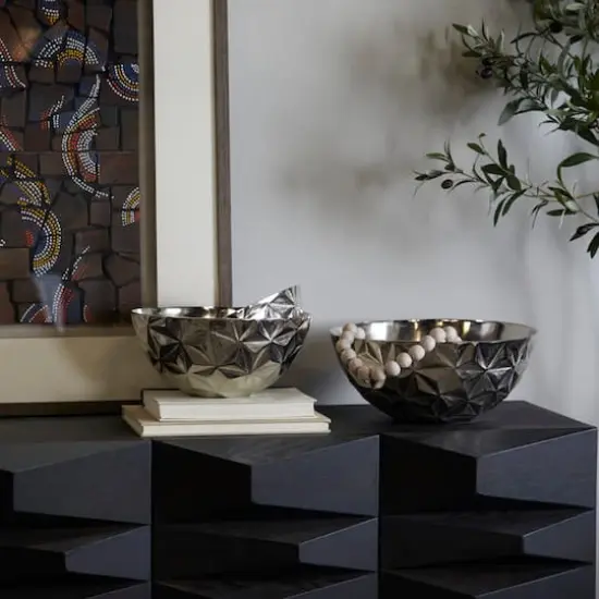 Metal Faceted Decorative Bowl Set Silver {4}