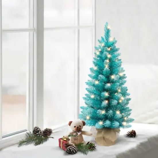 3ft. Pre-Lit Fashion Teal Artificial Christmas Tree in Burlap Base, Clear Lights {4}