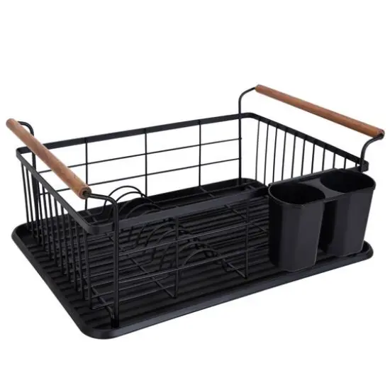 Kitchen Details Acacia Wood Black Drying Rack with Draining Tray {1}