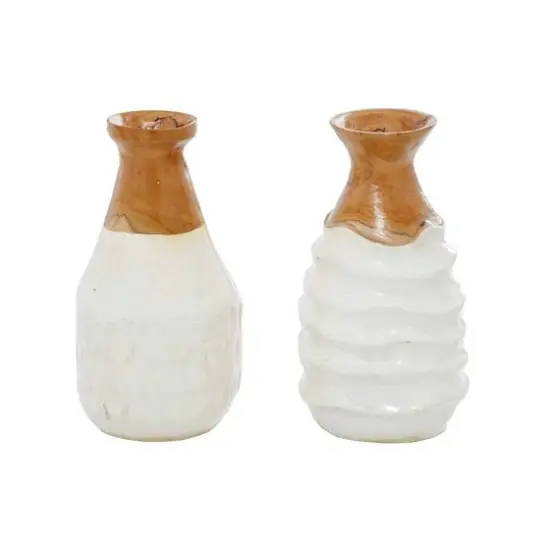 Set of 2 White Teak Wood Coastal Style Vase 6", 10" {1}