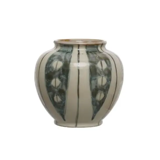 Hello Honey&reg; 9" Cream & Green Reactive Glaze Striped Round Hand-Painted Stoneware Vase {3}