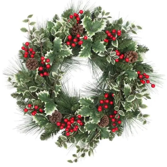 Haute Decor 24" Pre-Lit Holly, Pine & Berry Christmas Wreath, Soft White LED Lights {5}