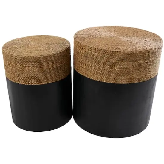 Black Wood Handmade Colorblock Wrapped Accent Table with Dried Plant Tabletops Set {1}
