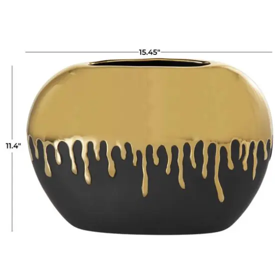 CosmoLiving by Cosmopolitan 11" Black Ceramic Vase with Abstract Gold Melting Drips {6}