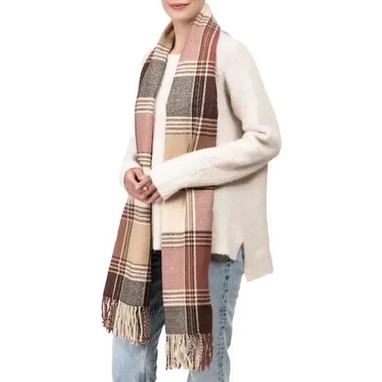 Glitzhome&reg; 77" Pink, Cream & Gray Plaid Scarf with Tassels {6}