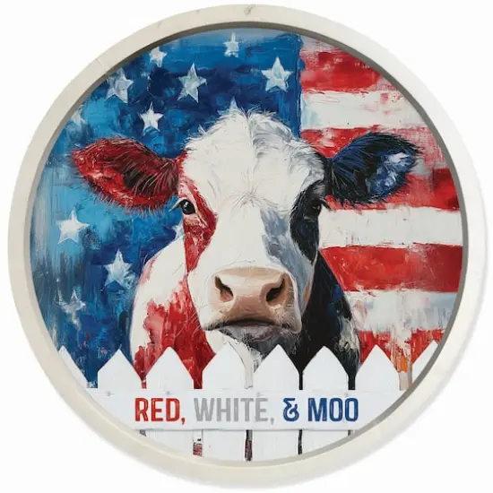 20" x 20" Red, White & Moo Round Framed Print {1}