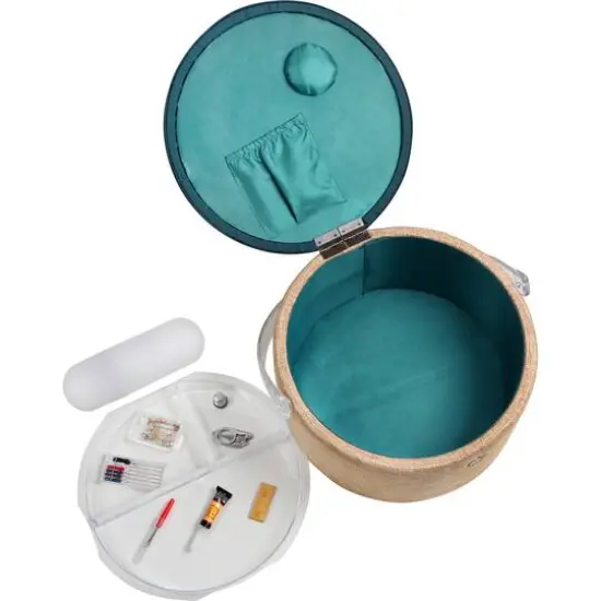 SINGER&reg; Large Burlap Fabric Premium Round Sewing Basket with Travel Sewing Kit {8}