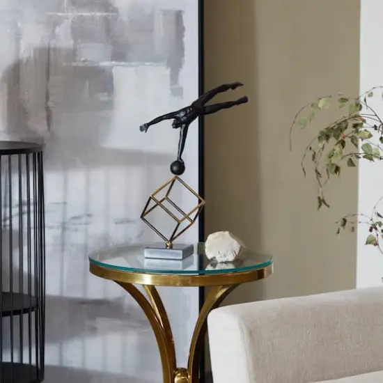 17" Black Marble Gymnast Sculpture with Gold Cube Base {3}