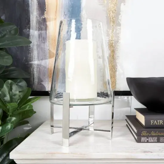 14" Clear Glass & Stainless Steel Hurricane Candle Holder {3}