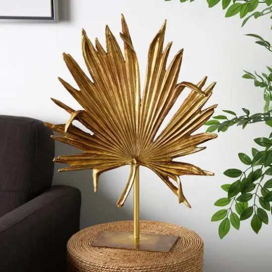 26" Gold Leaf Textured Metallic Palm Sculpture with Stand {8}