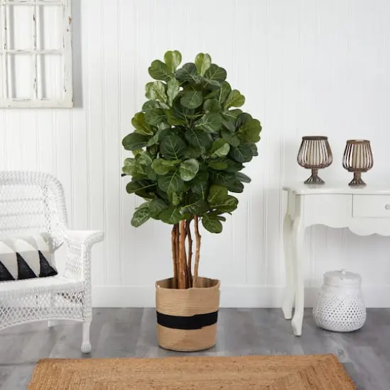 5ft. Fiddle Leaf Fig Artificial Tree in Handmade Natural Cotton Planter {4}