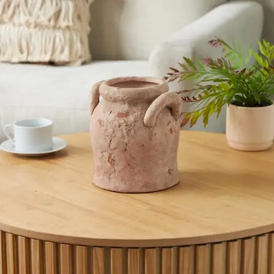 8.25" Pink Ceramic Antique Style Distressed Decorative Vase with Handles {3}