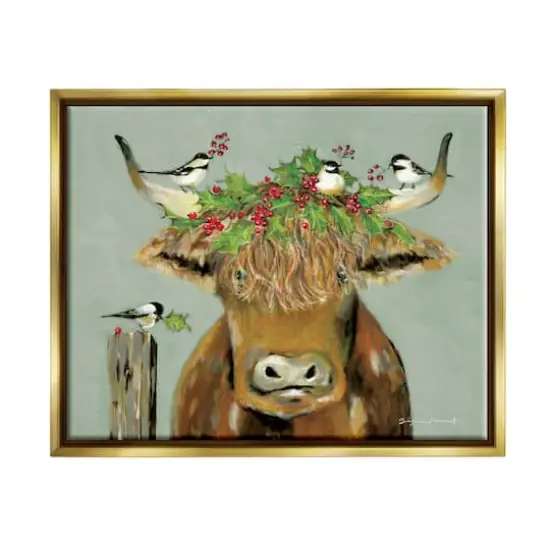 Stupell Industries Cattle & Birds Holiday Holly Framed Floater Canvas Wall Art Gold {1}