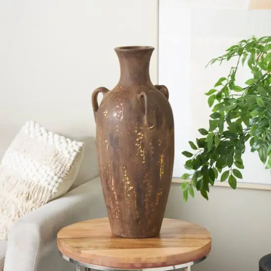 24.5" Dark Brown Ceramic Antique Style Distressed Decorative Vase with Handles {9}