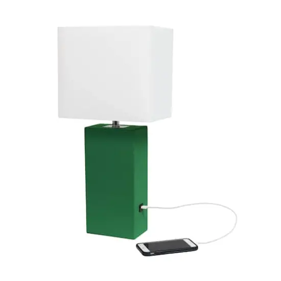 Lalia Home Lexington 21" Leather Table Lamp with USB Charging Port Green {7}