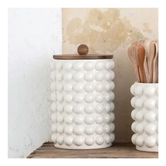 Hello Honey&reg; White Raised Dots Stoneware Canister with Acacia Wood Lid {3}