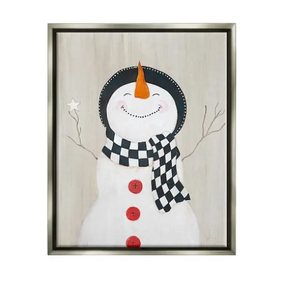 Stupell Industries Happy Smile Winter Snowman Framed Floater Canvas Wall Art Gray {1}