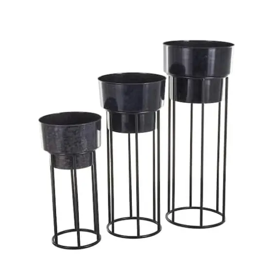Black Metal Wash Textured Planter with Open Framed Black Caged Base Set {6}