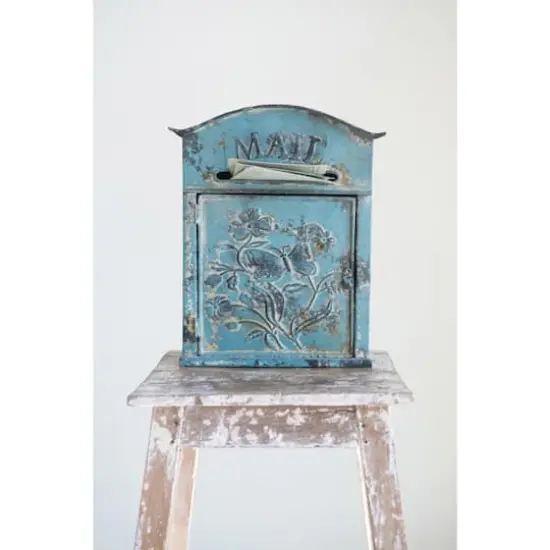 Hello Honey&reg; 12" Distressed Blue Embossed Tin Mail Box {7}