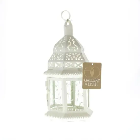 12" White Moroccan Style Hanging Candle Lantern with Etched Floral Glass {5}