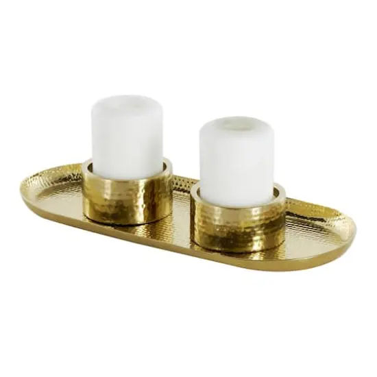 16" Gold Stainless Steel Metal Hammered Candle Holder with Oval Tray Plate {1}