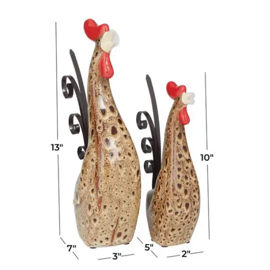 Cream Ceramic Farmhouse Rooster Garden Sculpture Set {7}