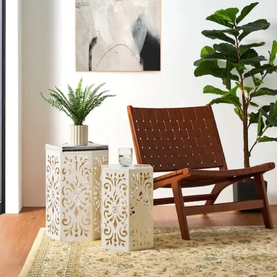 Glitzhome&reg; White Floral Motif Hexagonal Garden Stool Set {5}